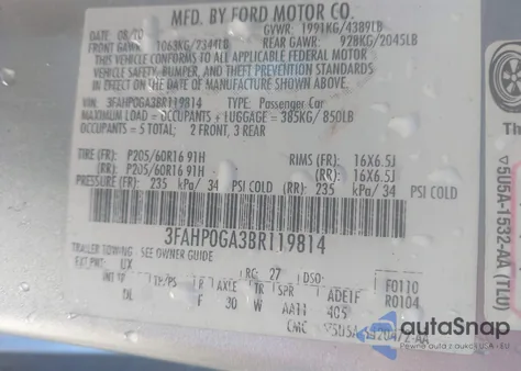 2011 Ford Fusion S from USA, damaged, VIN 3FAHP0GA3BR119814